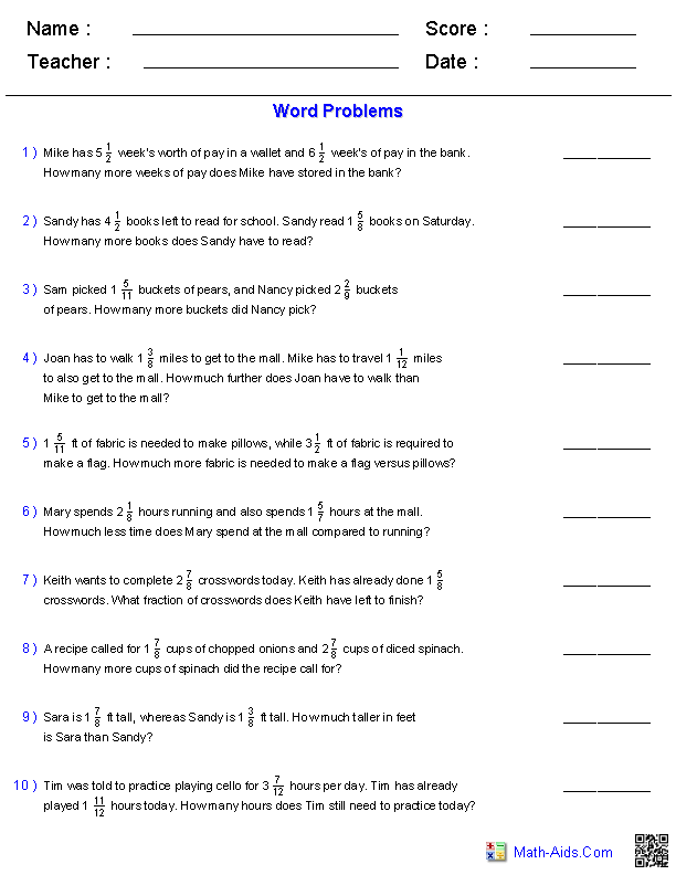 problem solving questions for subtracting fractions