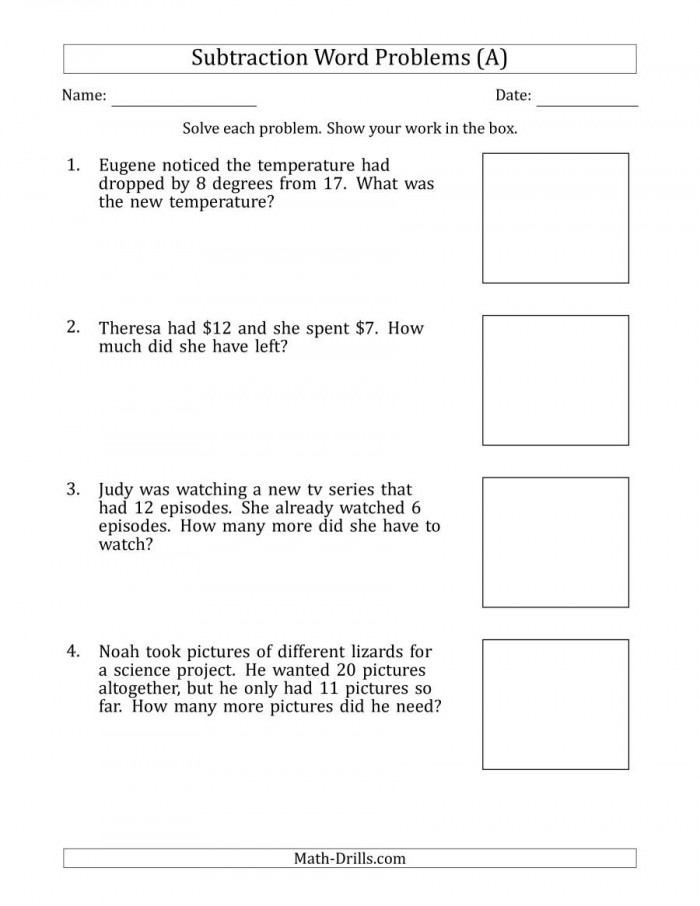 Subtraction Word Problems With Subtraction Facts From  To  A