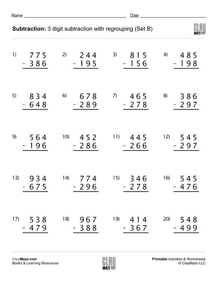 Subtraction Worksheet   Digit Subtraction With Regrouping Set B