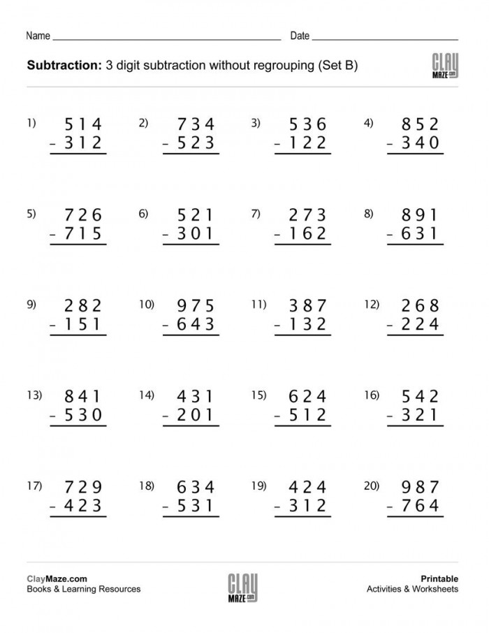 Subtraction Worksheet   Digit Subtraction Without Regrouping
