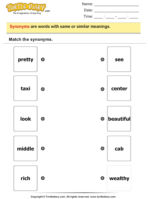Synonyms Matching Worksheet