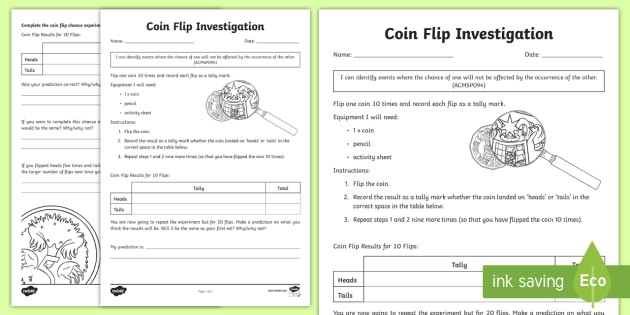 Tas Coin Toss Probability Investigation Worksheet