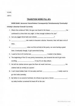 Fill In The Transition Words
