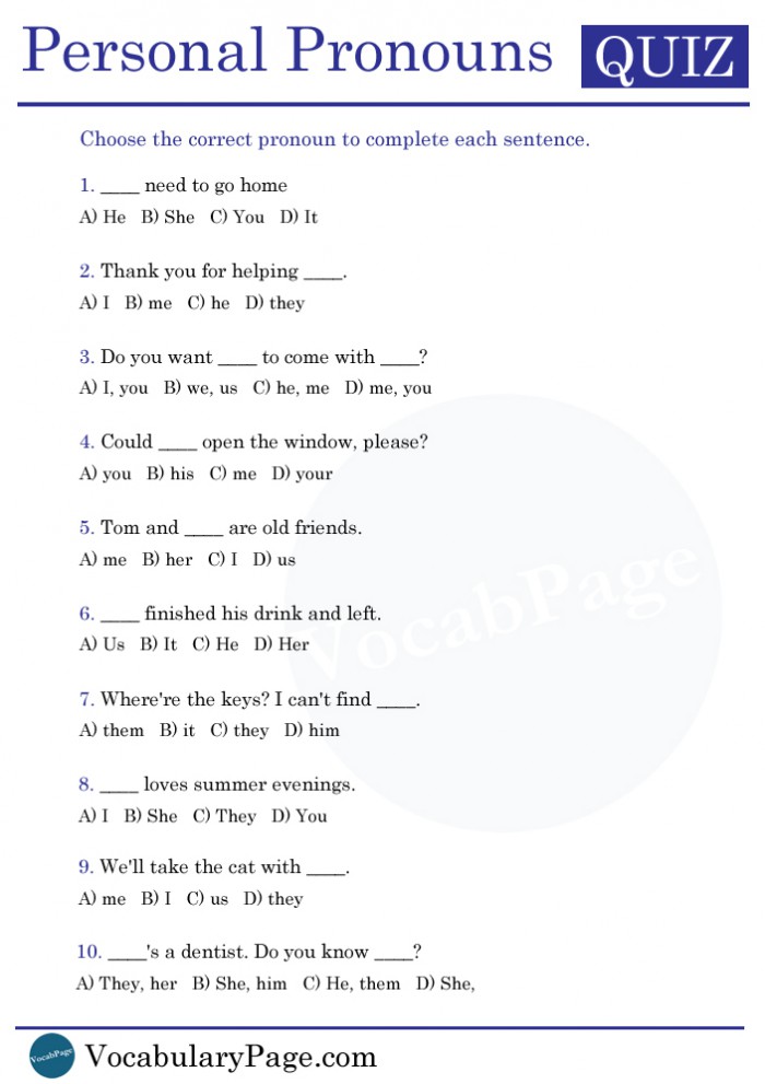 Vocabularypagecom Personal Pronoun Quiz