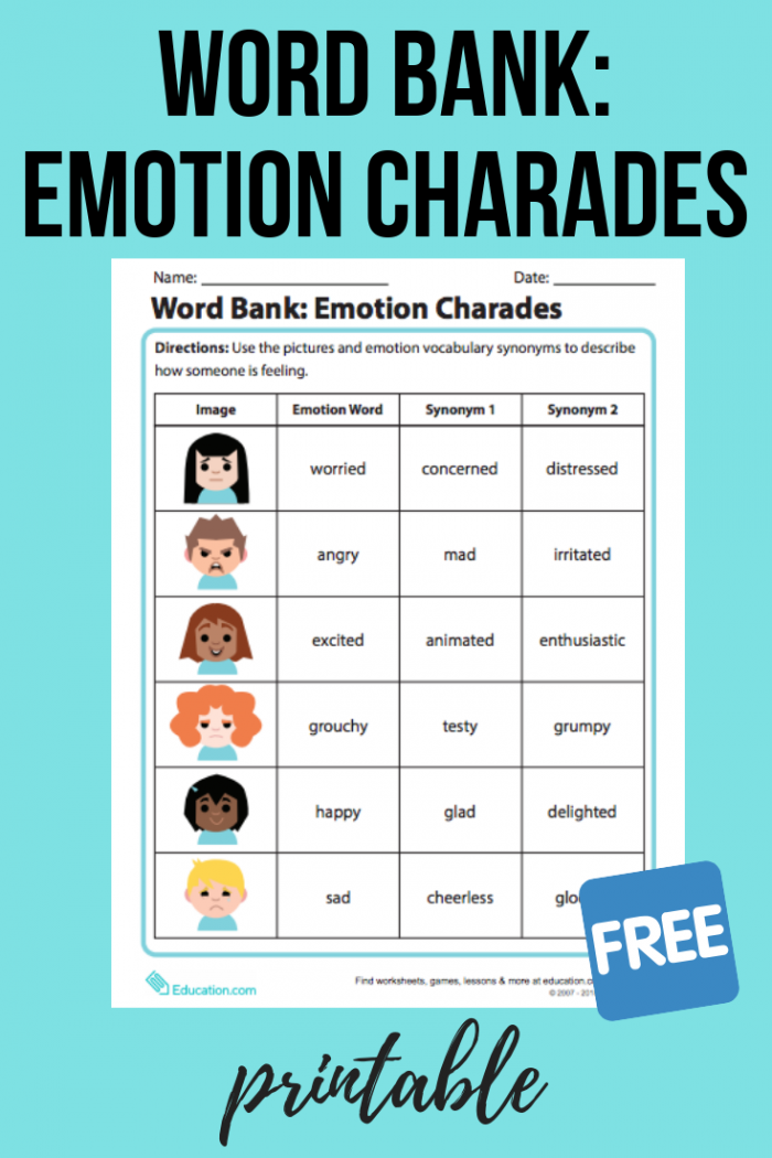 Word Bank Emotion Charades Worksheets 99Worksheets