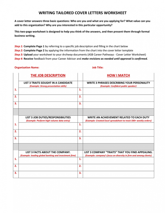 Writing Tailored Cover Letters Worksheet