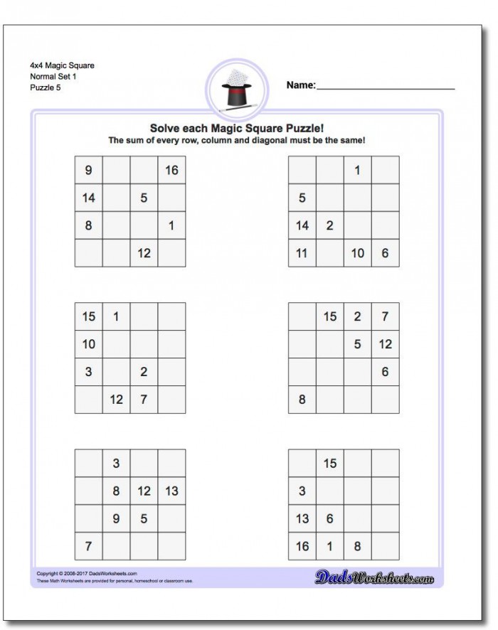 X Magic Square Normal Set  Worksheet Magic Square Worksheet