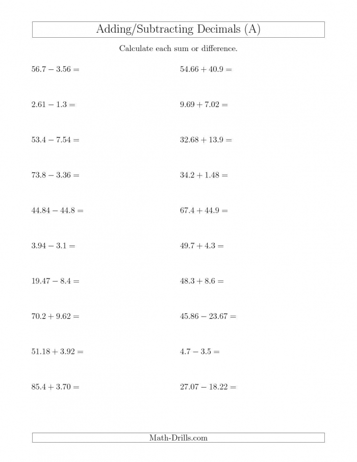 Adding And Subtracting Decimals With Up To Two Places Before And
