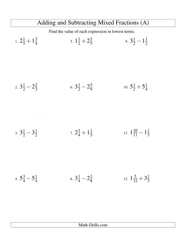 Adding Positive And Negative Mixed Numbers Worksheet