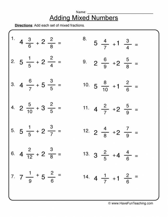 How To Add Fractions With Mixed Numbers Worksheet