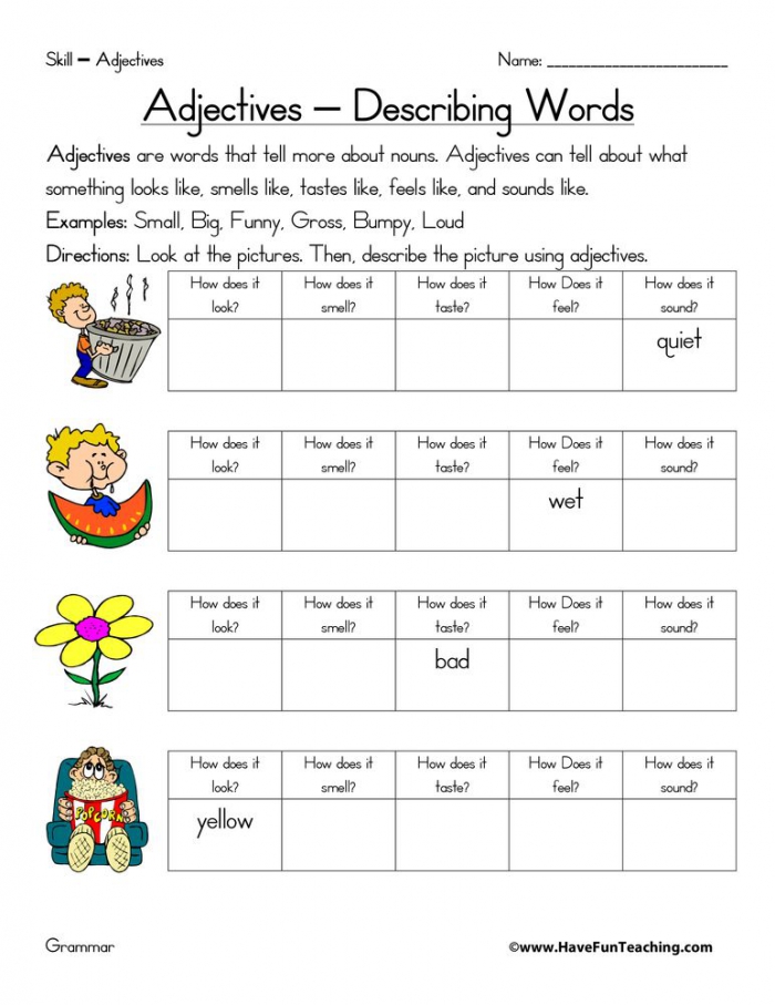 Free Adjective Worksheets For Middle School