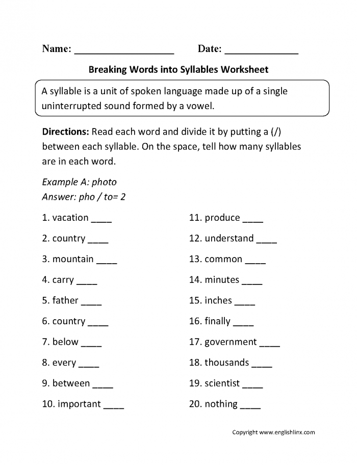 Breaking Words Into Syllables Worksheets