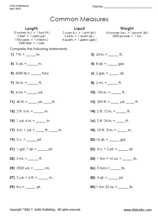 Common Units Of Measure Worksheet