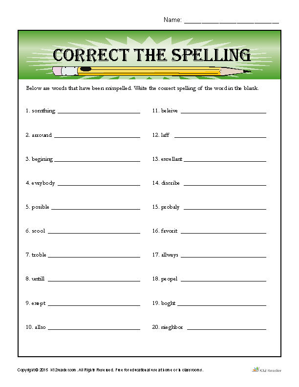 English Spelling Worksheets