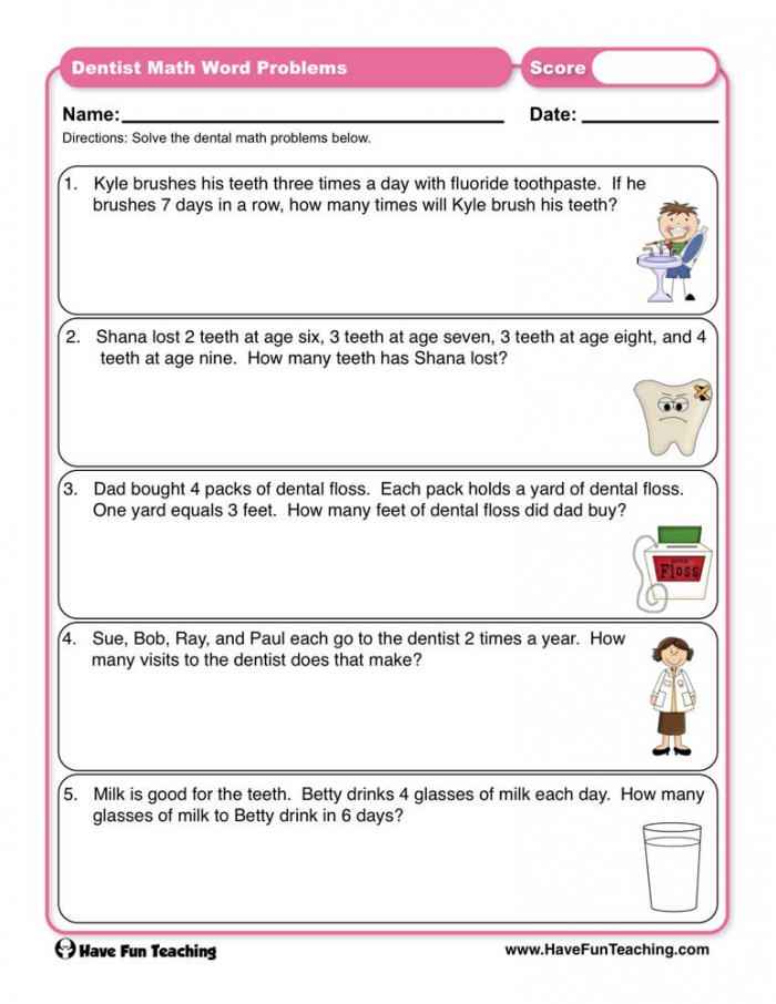 Dental Math Word Problems Worksheet  Have Fun Teaching