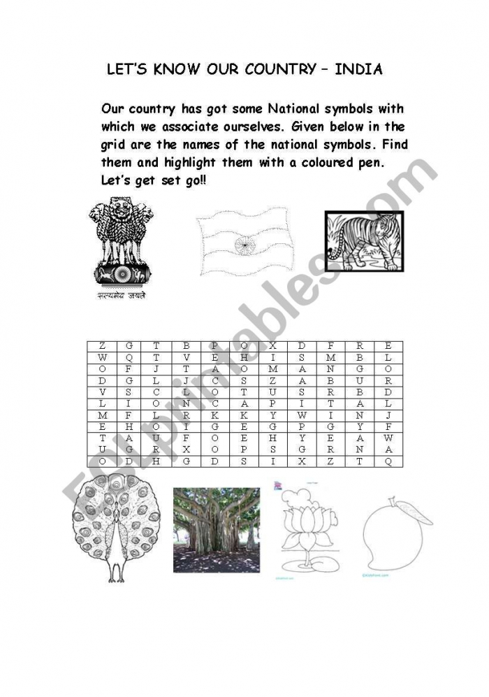 English Worksheets National Symbols Of India