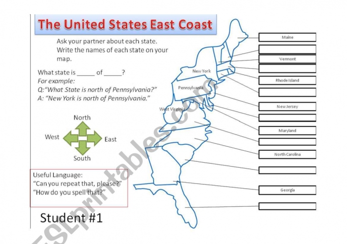 English Worksheets United States East Coast Information Gap Pairwork