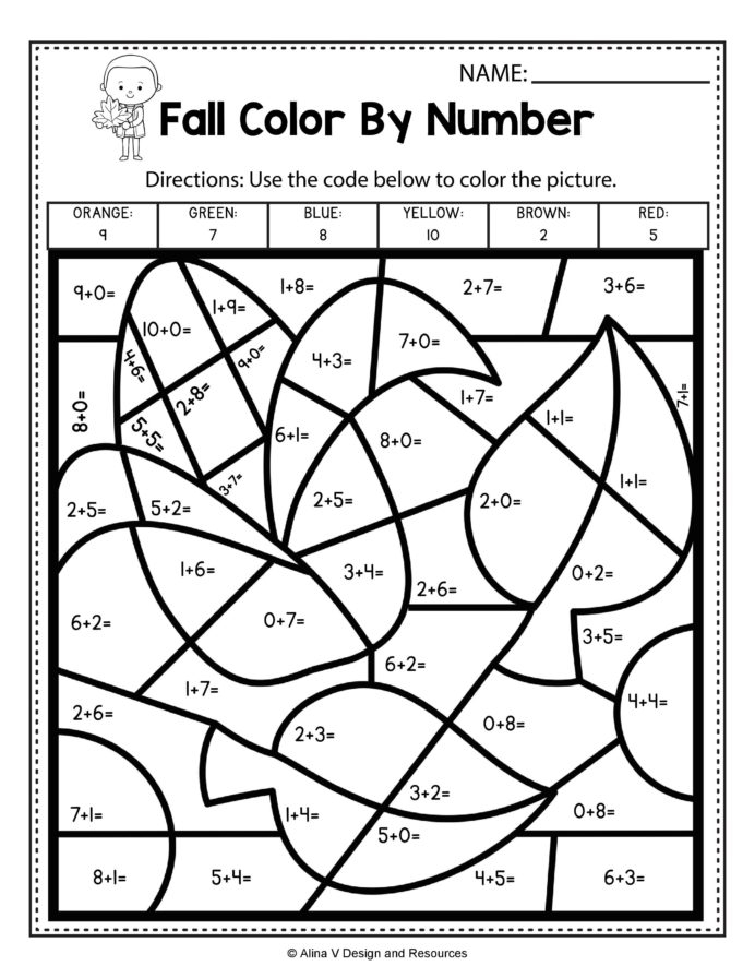 Fall Color By Number Addition Math Worksheets And Activities For
