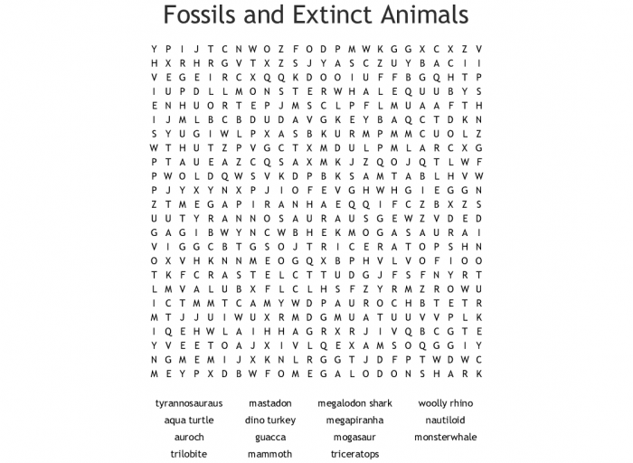 Fossils And Extinct Animals Word Search