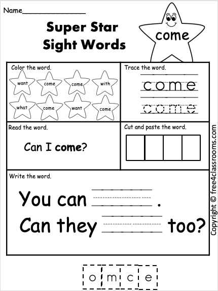 Free Sight Word Worksheet  Come  Freeclassrooms