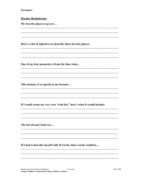 Free Verse Poetry Brainstorming Worksheet