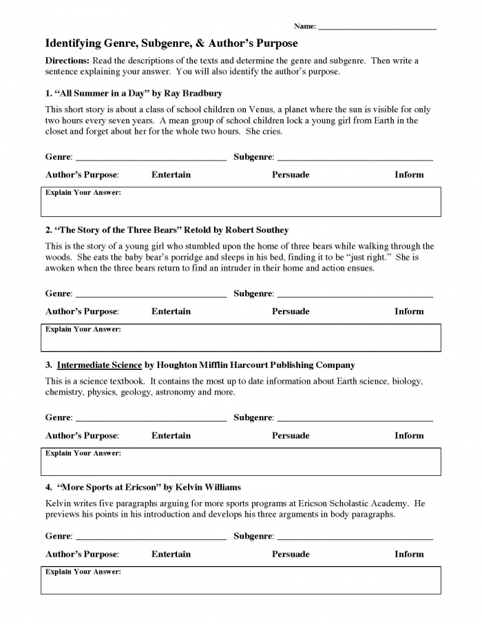Genre And Authors Purpose Worksheet
