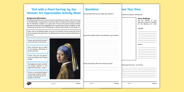 Girl With The Pearl Earring By Vermeer Art Appreciation Worksheet