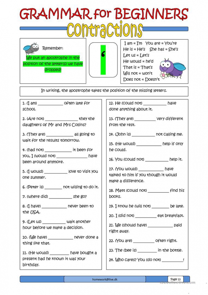 Free Contractions Worksheets