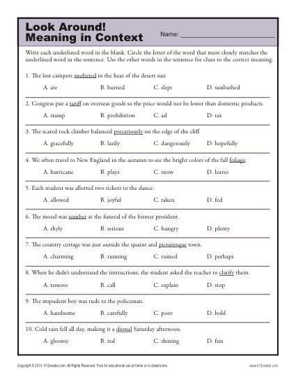 Look Around Using Context Clues Worksheets 99Worksheets