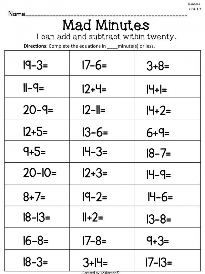 Mad Minutes Add   Subtract Within  Common Core Oac  Oac