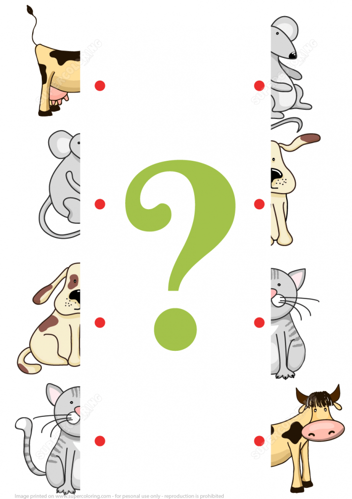 Matching Halves Of Cat Dog Mouse And Cow Worksheet