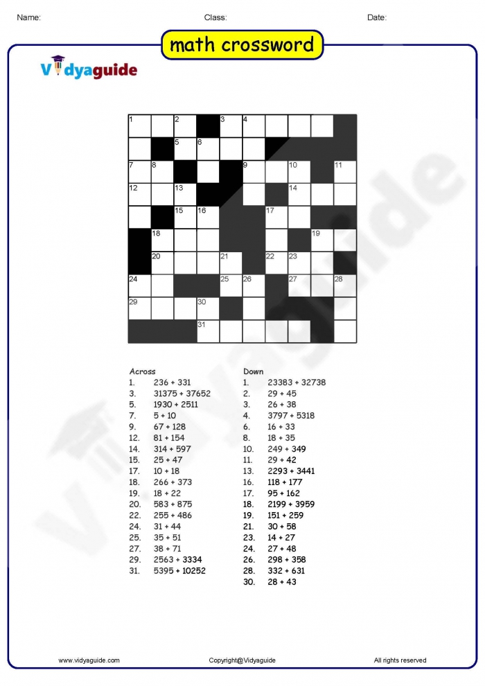 Math Crossword Puzzles For Kids Worksheets | 99Worksheets