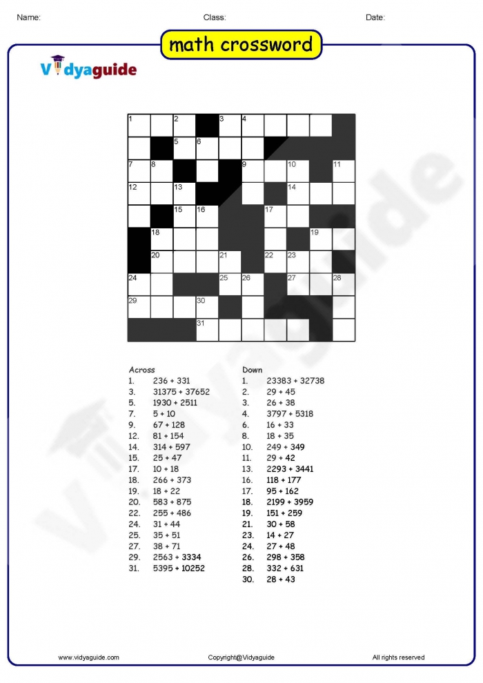 math crossword puzzles for kids worksheets 99worksheets