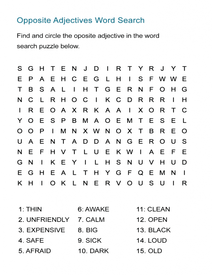 Opposite Adjectives Word Search Puzzle