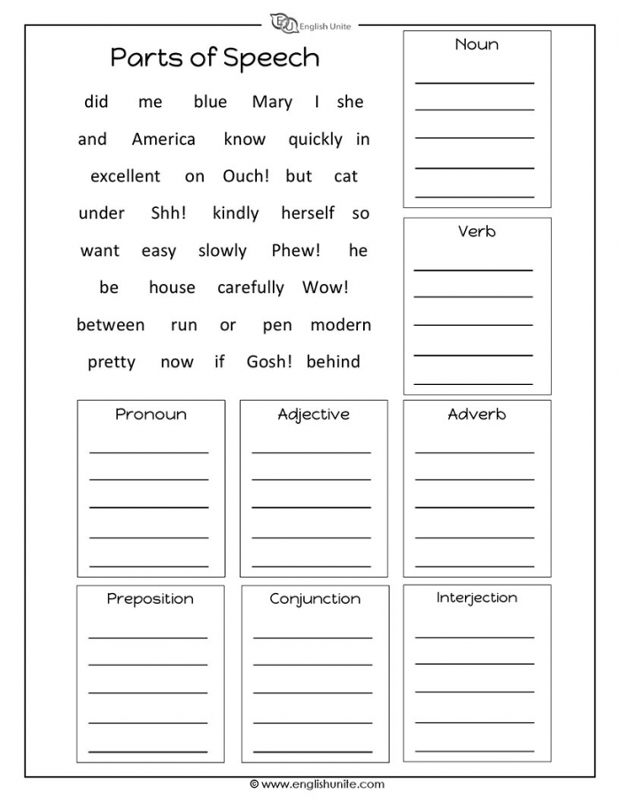 Parts Of Speech Worksheet