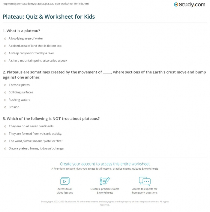 Plateau Quiz   Worksheet For Kids