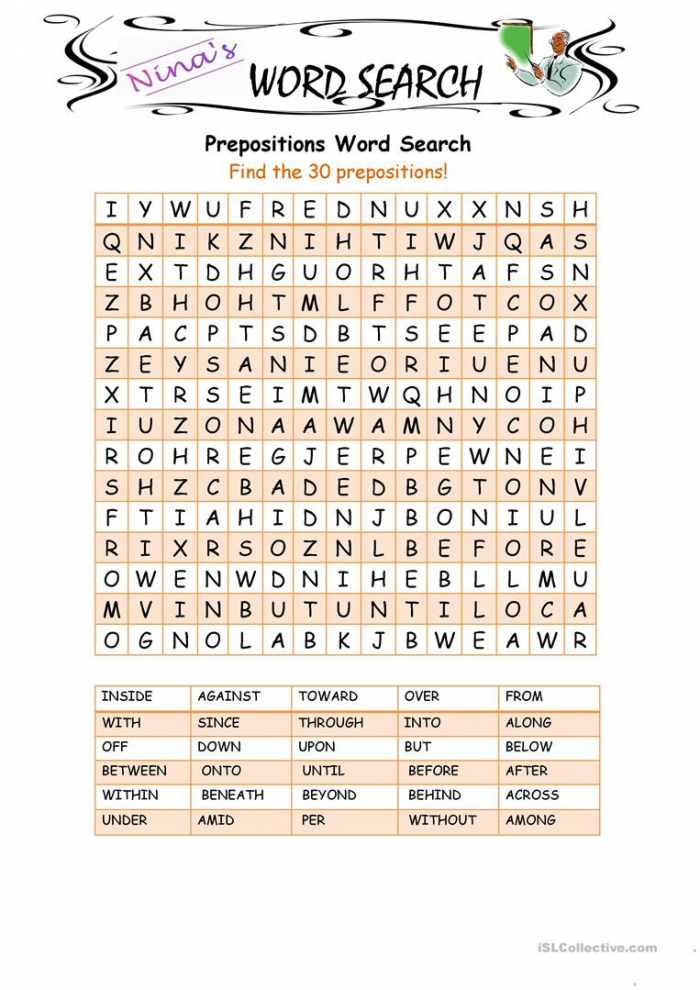 Prepositions Word Search