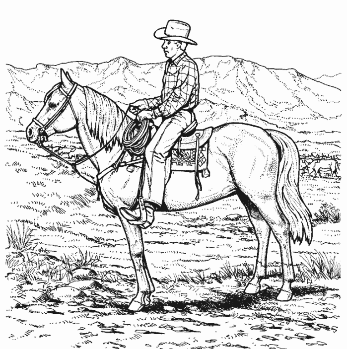 Print Cowboy Riding Horse Coloring Page Or Download Cowboy Riding