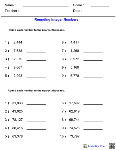 Rounding Integers To Nearest Thousands Worksheet