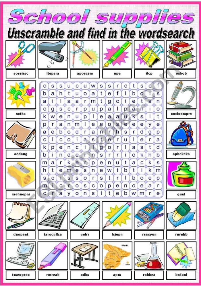 School Supplies Word Search Worksheets | 99Worksheets