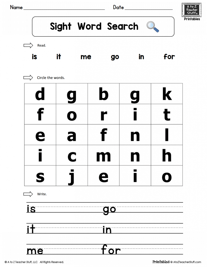 Sight Words Practice Word Search Is  It  Me  Go  In  For