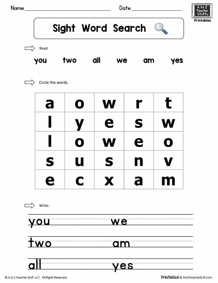 Sight Words Practice Word Search You  Two  We  All  Am  Yes