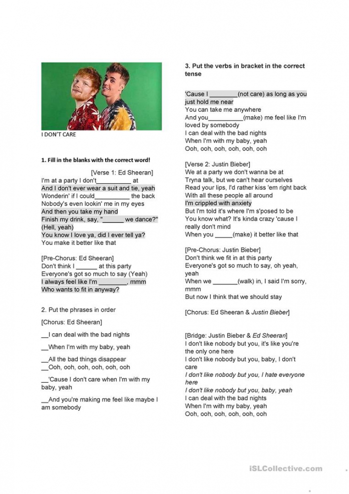 Song Worksheet I Dont Care Justin Bieber   Ed Sheeran
