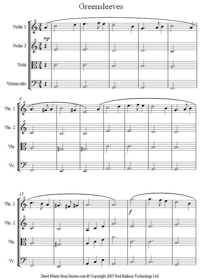 String Quartet Greensleeves Sheet Music