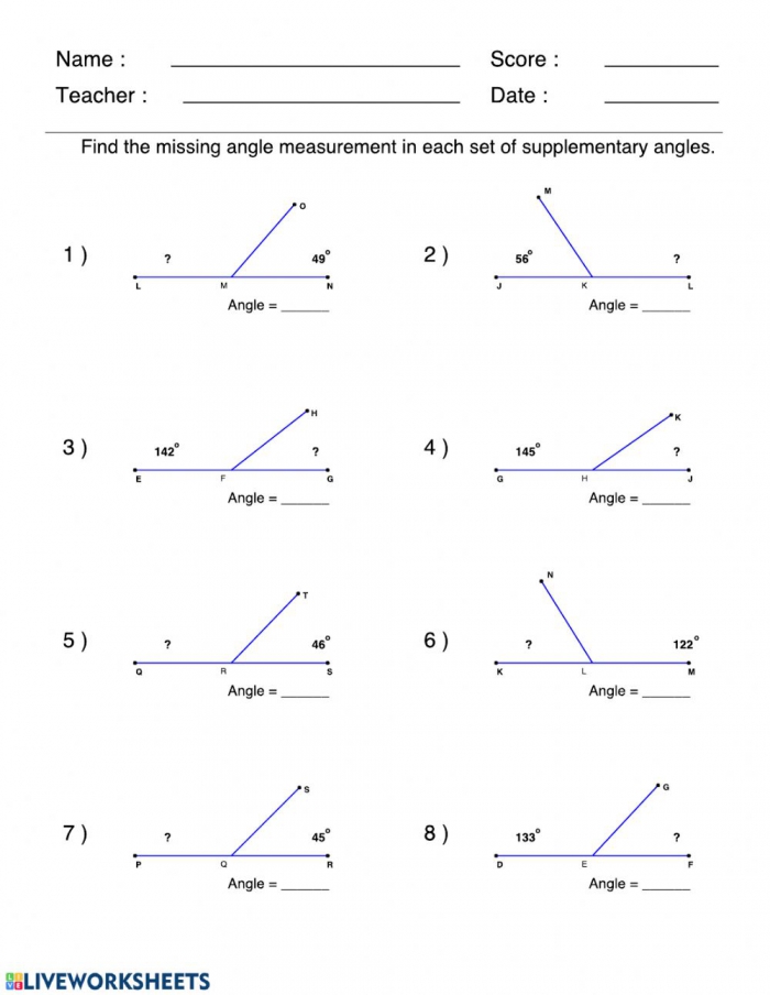 free math worksheets on complementary and supplementary angles