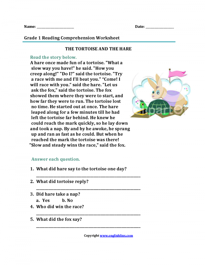 Tortoise And The Harebrfirst Grade Reading Worksheets