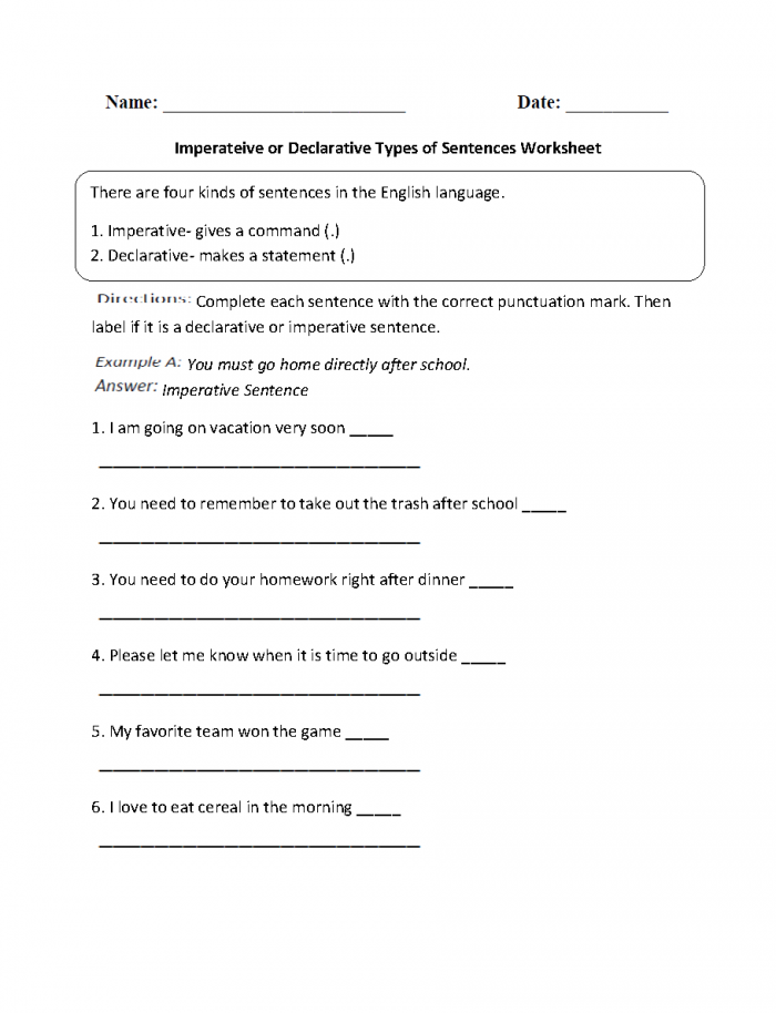 Imperative Sentences Worksheets 99Worksheets