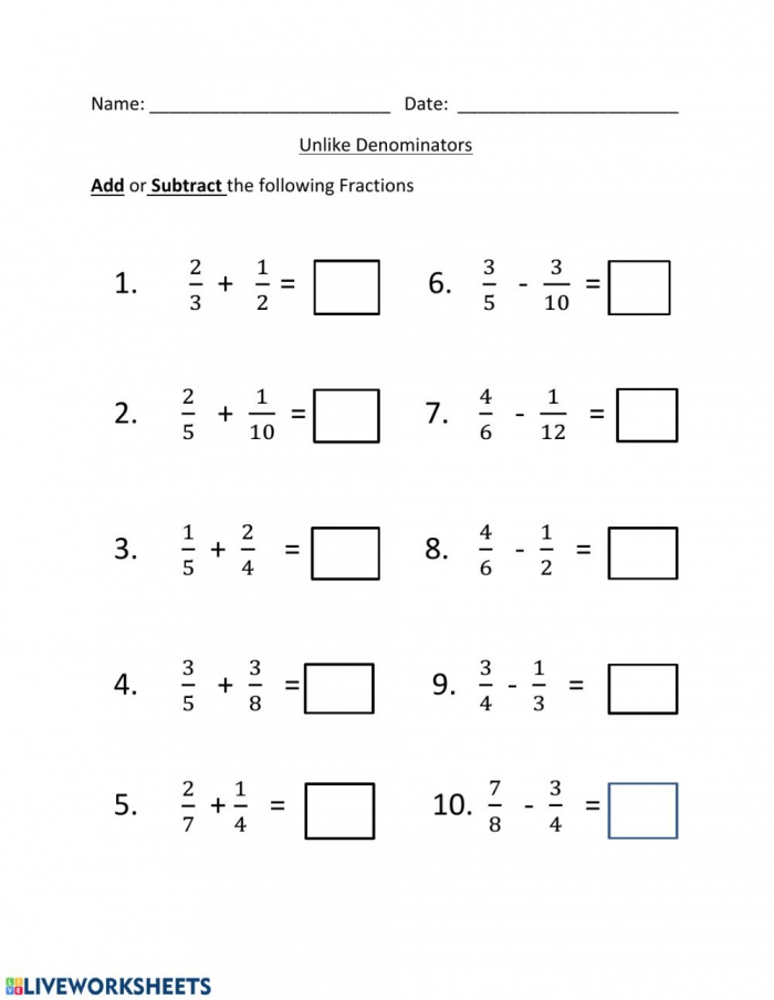 adding fractions with unlike denominators worksheets 99worksheets