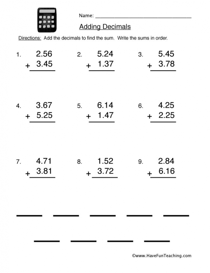 Adding Decimals Equations Worksheet  Have Fun Teaching