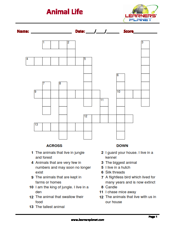 Animal Life Free Crossword Puzzles Download Pdf